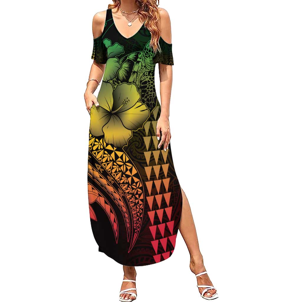 Hawaiian Sea Turtle Summer Maxi Dress Reggae Hibiscus Flowers and Kakau Pattern