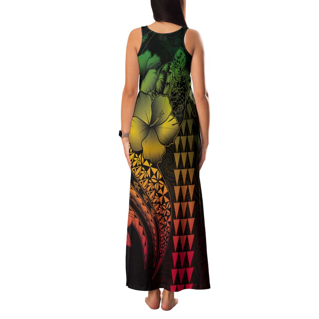 Hawaiian Sea Turtle Tank Maxi Dress Reggae Hibiscus Flowers and Kakau Pattern