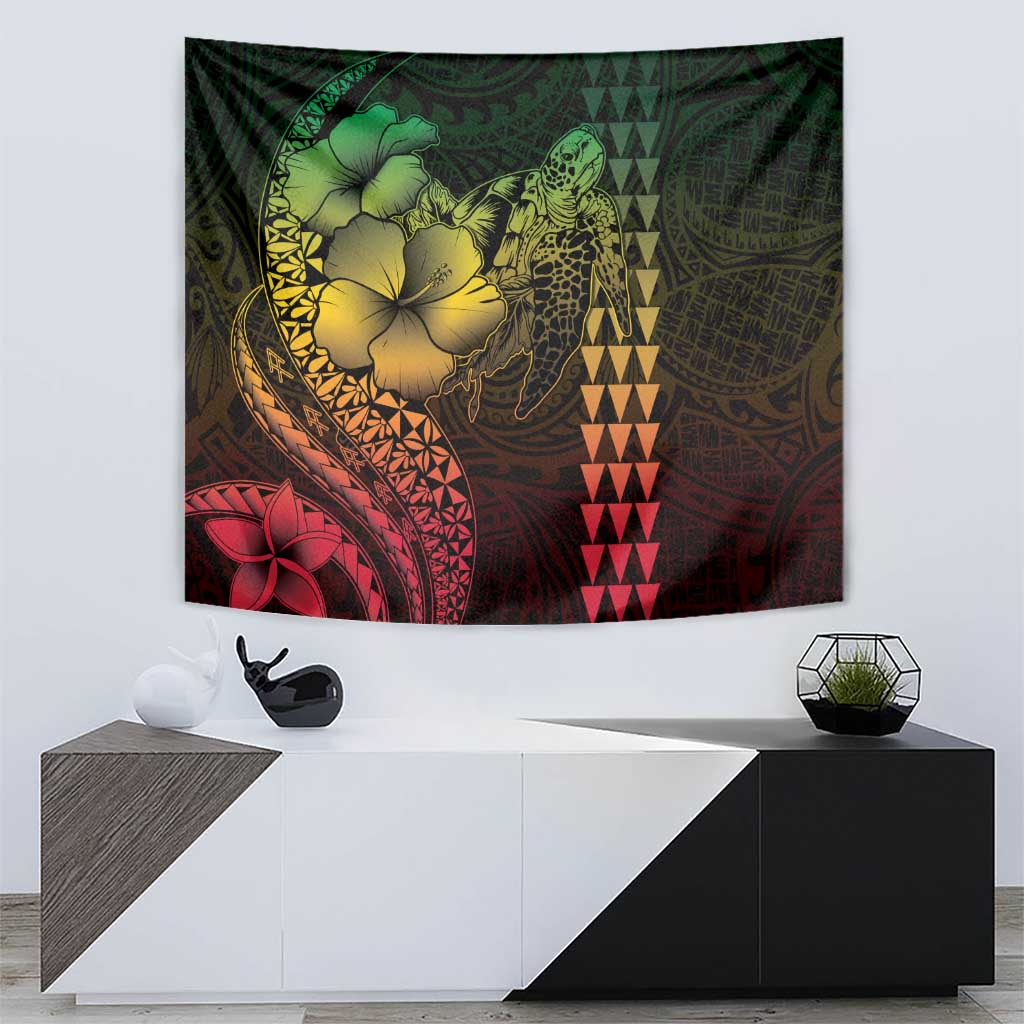 Hawaiian Sea Turtle Tapestry Reggae Hibiscus Flowers and Kakau Pattern