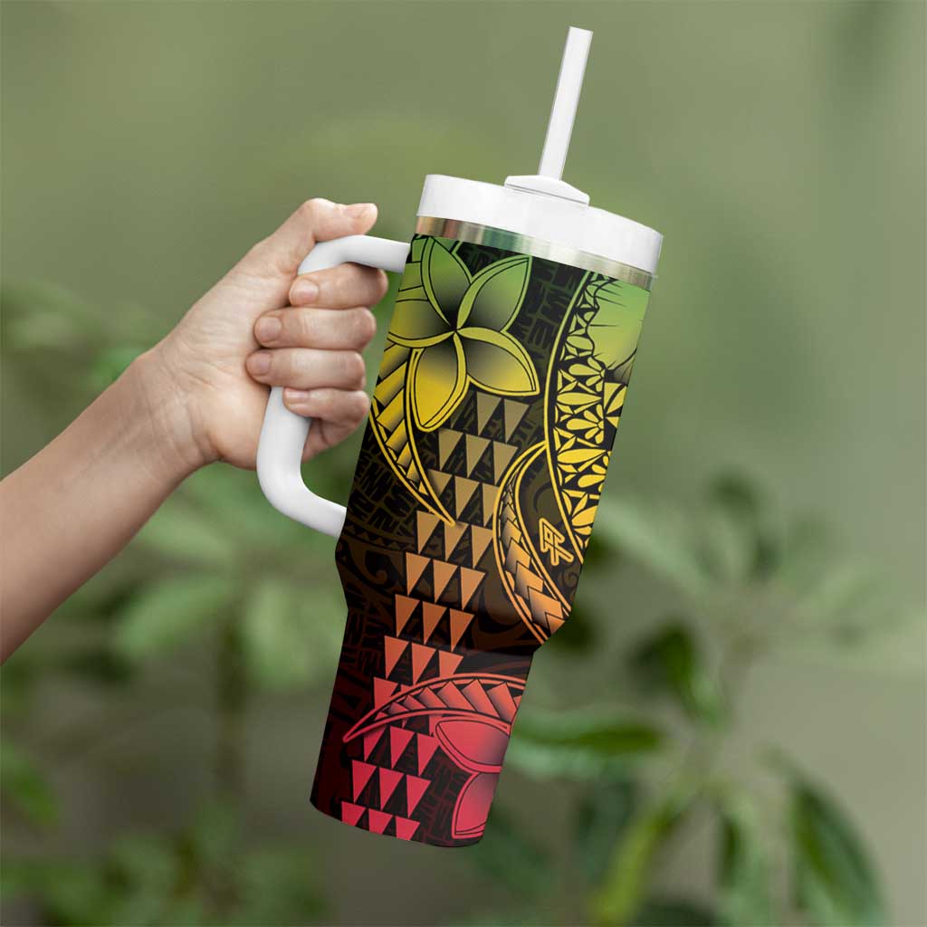 Hawaiian Sea Turtle Tumbler With Handle Reggae Hibiscus Flowers and Kakau Pattern