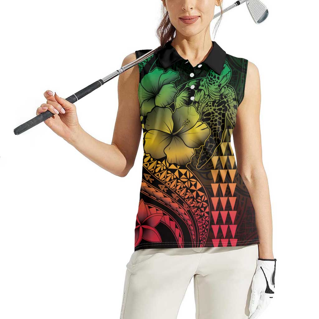 Hawaiian Sea Turtle Women Sleeveless Polo Shirt Reggae Hibiscus Flowers and Kakau Pattern