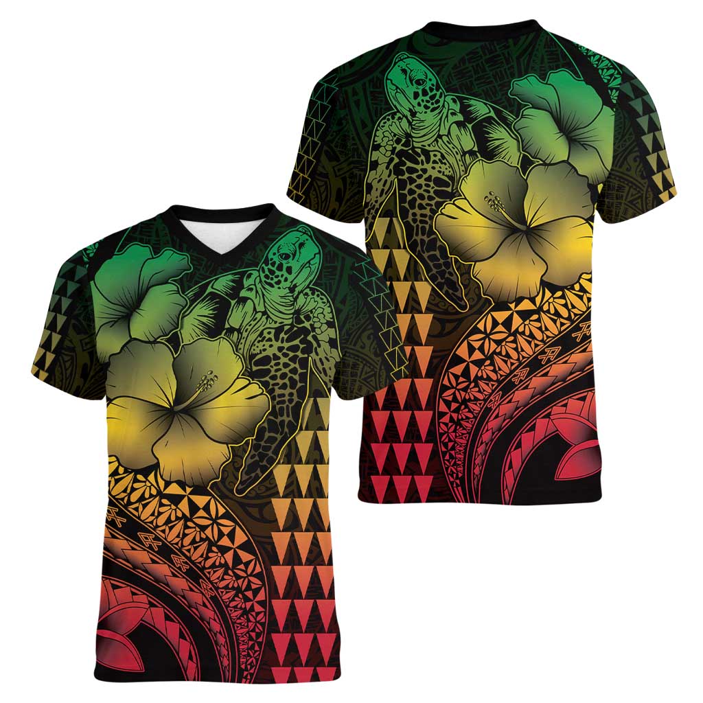 Hawaiian Sea Turtle Women V-Neck T-Shirt Reggae Hibiscus Flowers and Kakau Pattern