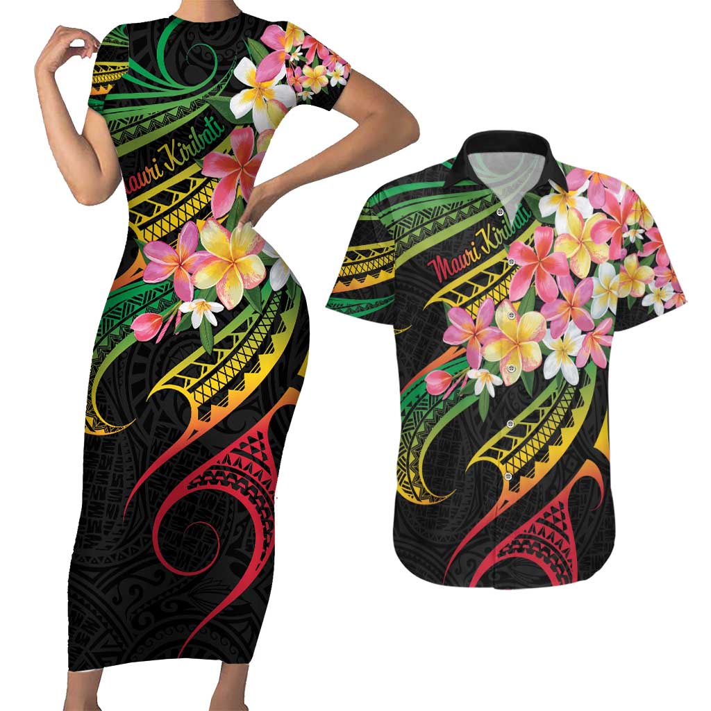 Kiribati Red Jasmine Mango Couples Matching Short Sleeve Bodycon Dress and Hawaiian Shirt Reggae Polynesian Art Vibe