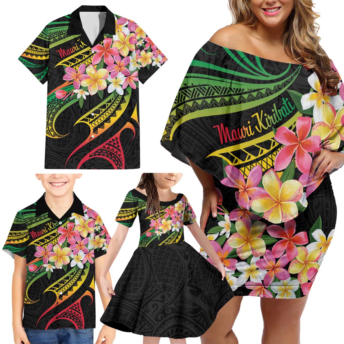 Kiribati Red Jasmine Mango Family Matching Off Shoulder Short Dress and Hawaiian Shirt Reggae Polynesian Art Vibe