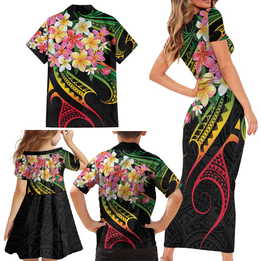 Kiribati Red Jasmine Mango Family Matching Short Sleeve Bodycon Dress and Hawaiian Shirt Reggae Polynesian Art Vibe
