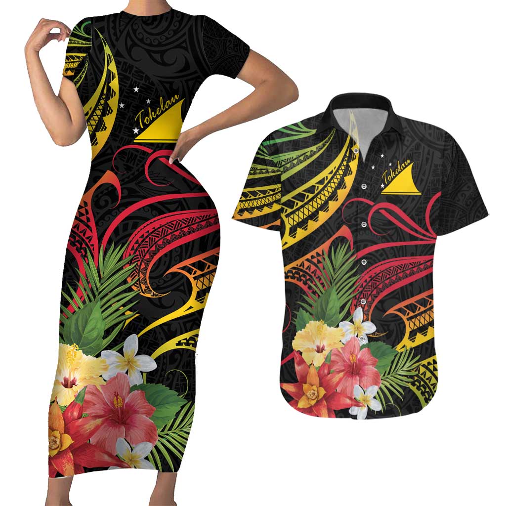 Personalised Tokelau Tropical Flowers Couples Matching Short Sleeve Bodycon Dress and Hawaiian Shirt Reggae Polynesian Art Vibe