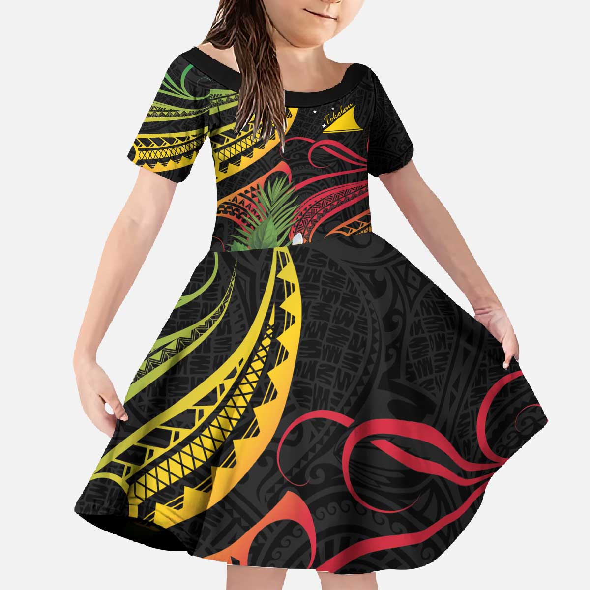 Personalised Tokelau Tropical Flowers Family Matching Off The Shoulder Long Sleeve Dress and Hawaiian Shirt Reggae Polynesian Art Vibe