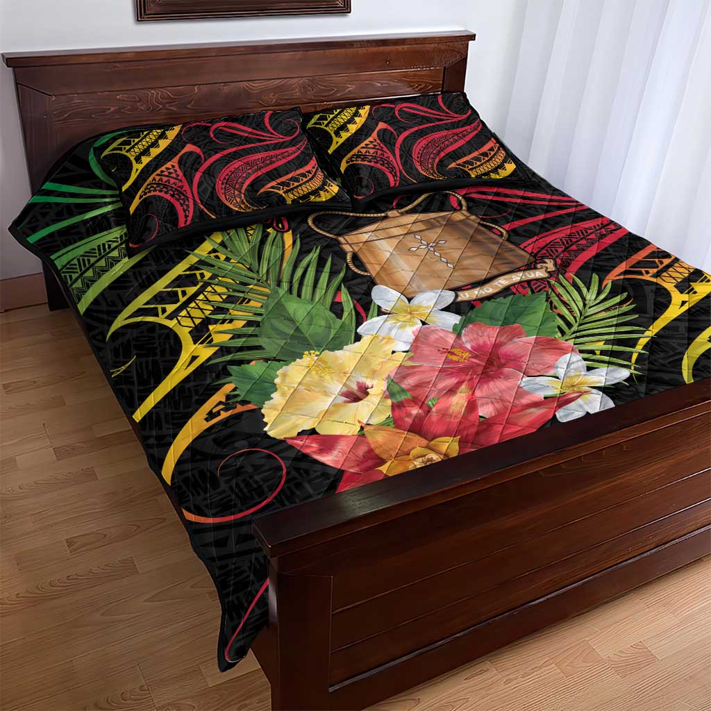Personalised Tokelau Tropical Flowers Quilt Bed Set Reggae Polynesian Art Vibe
