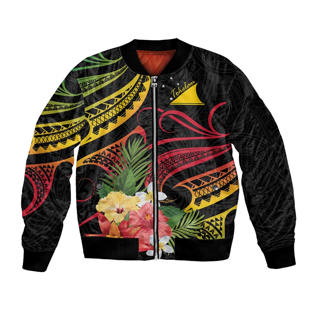 Personalised Tokelau Tropical Flowers Sleeve Zip Bomber Jacket Reggae Polynesian Art Vibe