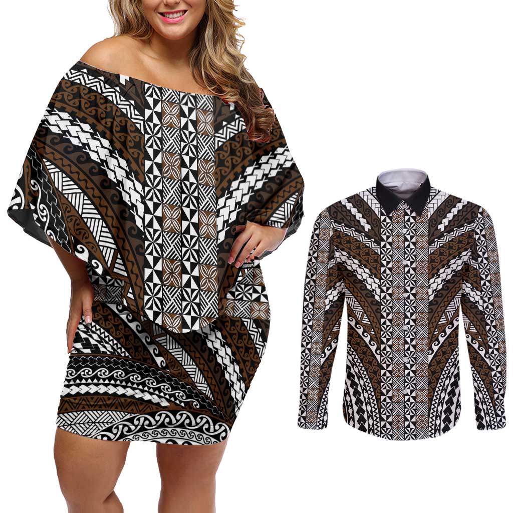 Brown Tongan Polynesian Tribal Couples Matching Off Shoulder Short Dress and Long Sleeve Button Shirt - Polynesian Pride