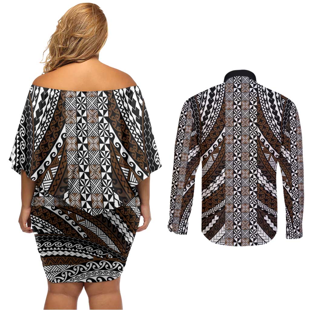 Brown Tongan Polynesian Tribal Couples Matching Off Shoulder Short Dress and Long Sleeve Button Shirt - Polynesian Pride