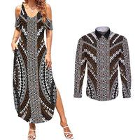 Brown Tongan Polynesian Tribal Couples Matching Summer Maxi Dress and Long Sleeve Button Shirt - Polynesian Pride