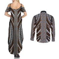 Brown Tongan Polynesian Tribal Couples Matching Summer Maxi Dress and Long Sleeve Button Shirt - Polynesian Pride