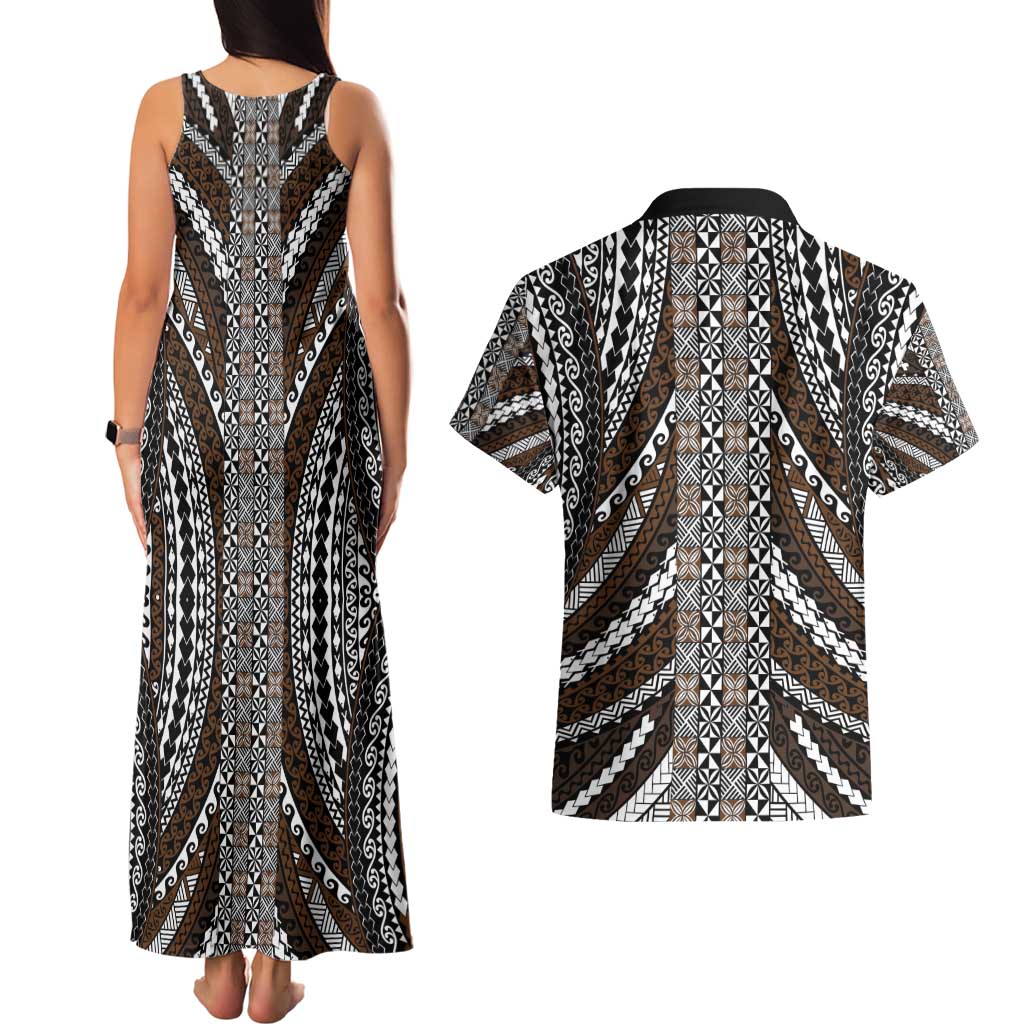 Brown Tongan Polynesian Tribal Couples Matching Tank Maxi Dress and Hawaiian Shirt - Polynesian Pride