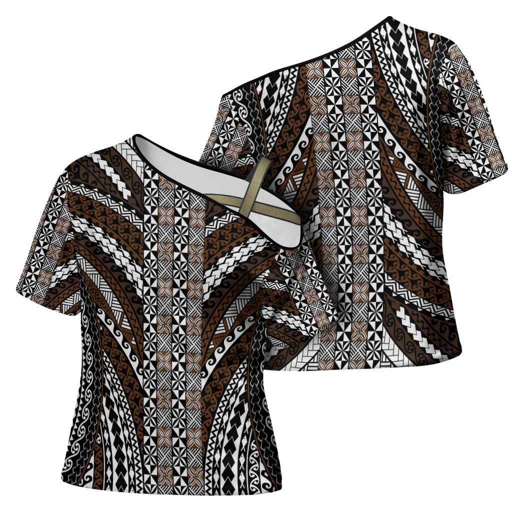 Brown Tongan Polynesian Tribal Cross Shoulder Shirt - Polynesian Pride