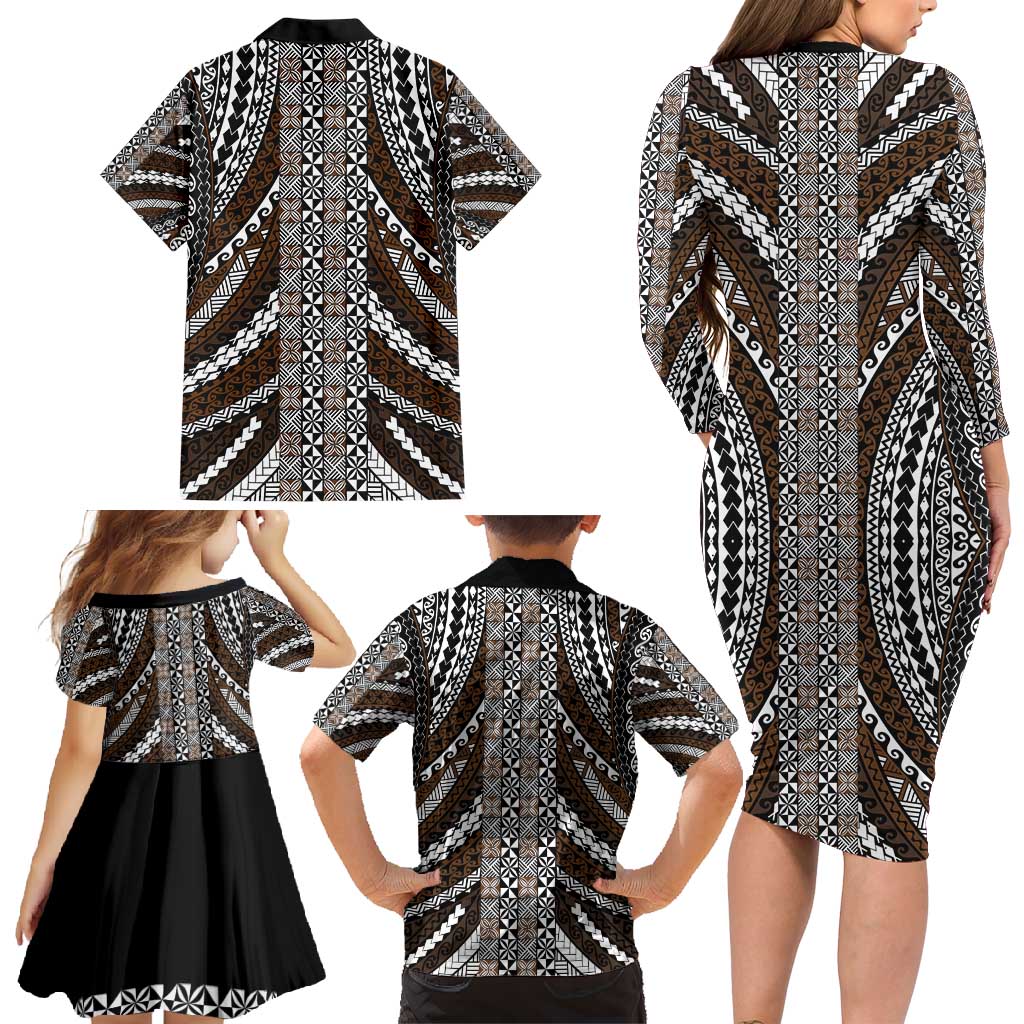 Brown Tongan Polynesian Tribal Family Matching Long Sleeve Bodycon Dress and Hawaiian Shirt - Polynesian Pride