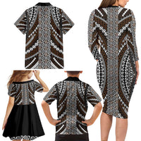 Brown Tongan Polynesian Tribal Family Matching Long Sleeve Bodycon Dress and Hawaiian Shirt - Polynesian Pride