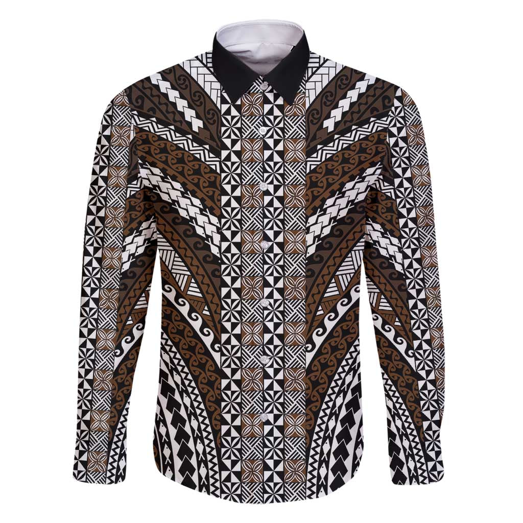 Brown Tongan Polynesian Tribal Family Matching Long Sleeve Bodycon Dress and Hawaiian Shirt - Polynesian Pride