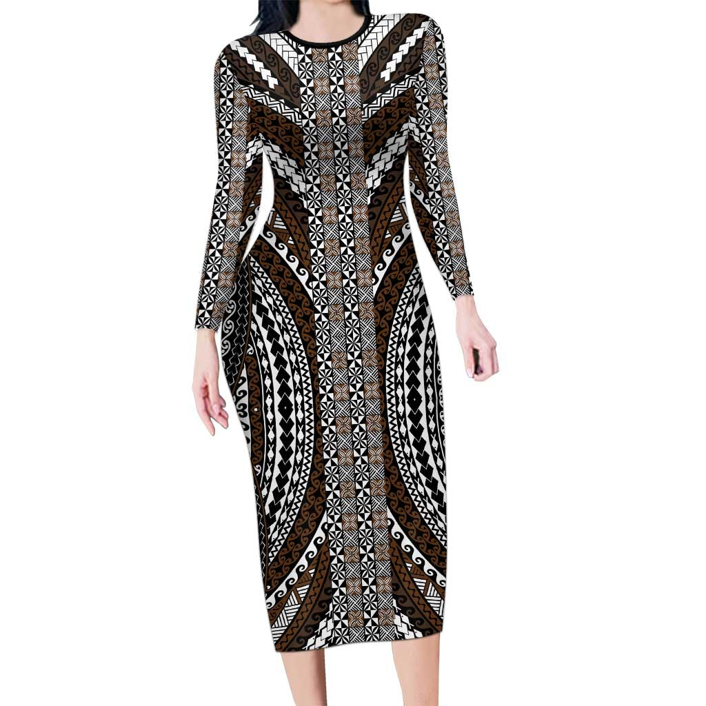 Brown Tongan Polynesian Tribal Family Matching Long Sleeve Bodycon Dress and Hawaiian Shirt - Polynesian Pride