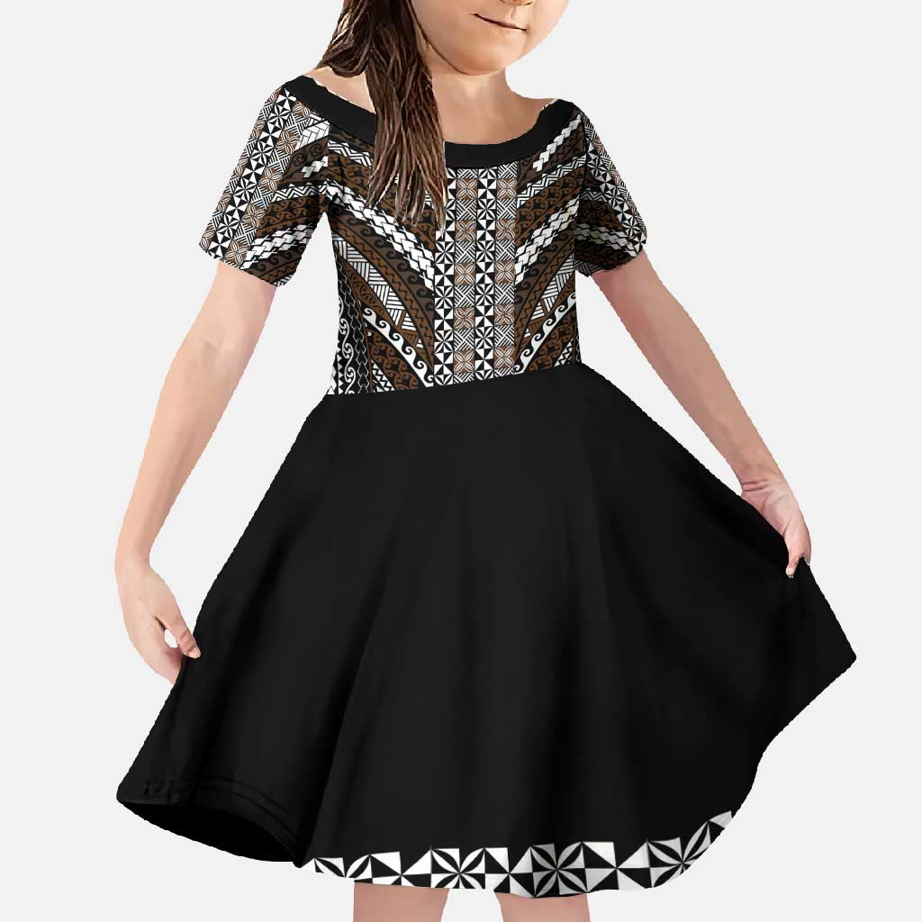 Brown Tongan Polynesian Tribal Family Matching Off Shoulder Maxi Dress and Hawaiian Shirt - Polynesian Pride