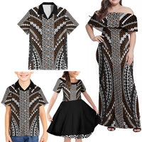 Brown Tongan Polynesian Tribal Family Matching Off Shoulder Maxi Dress and Hawaiian Shirt - Polynesian Pride