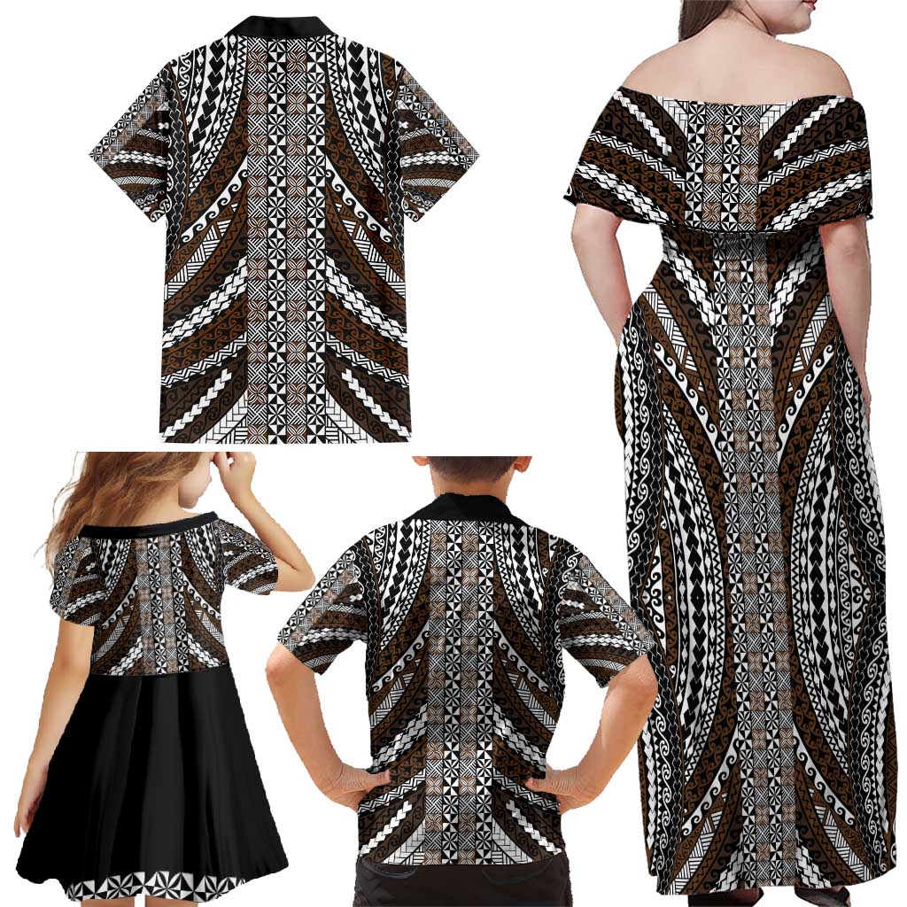 Brown Tongan Polynesian Tribal Family Matching Off Shoulder Maxi Dress and Hawaiian Shirt - Polynesian Pride