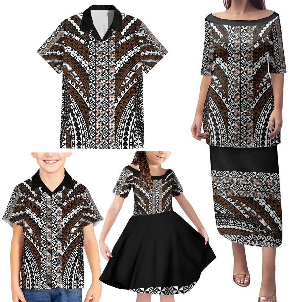 Brown Tongan Polynesian Tribal Family Matching Puletasi and Hawaiian Shirt - Polynesian Pride