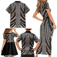 Brown Tongan Polynesian Tribal Family Matching Short Sleeve Bodycon Dress and Hawaiian Shirt - Polynesian Pride