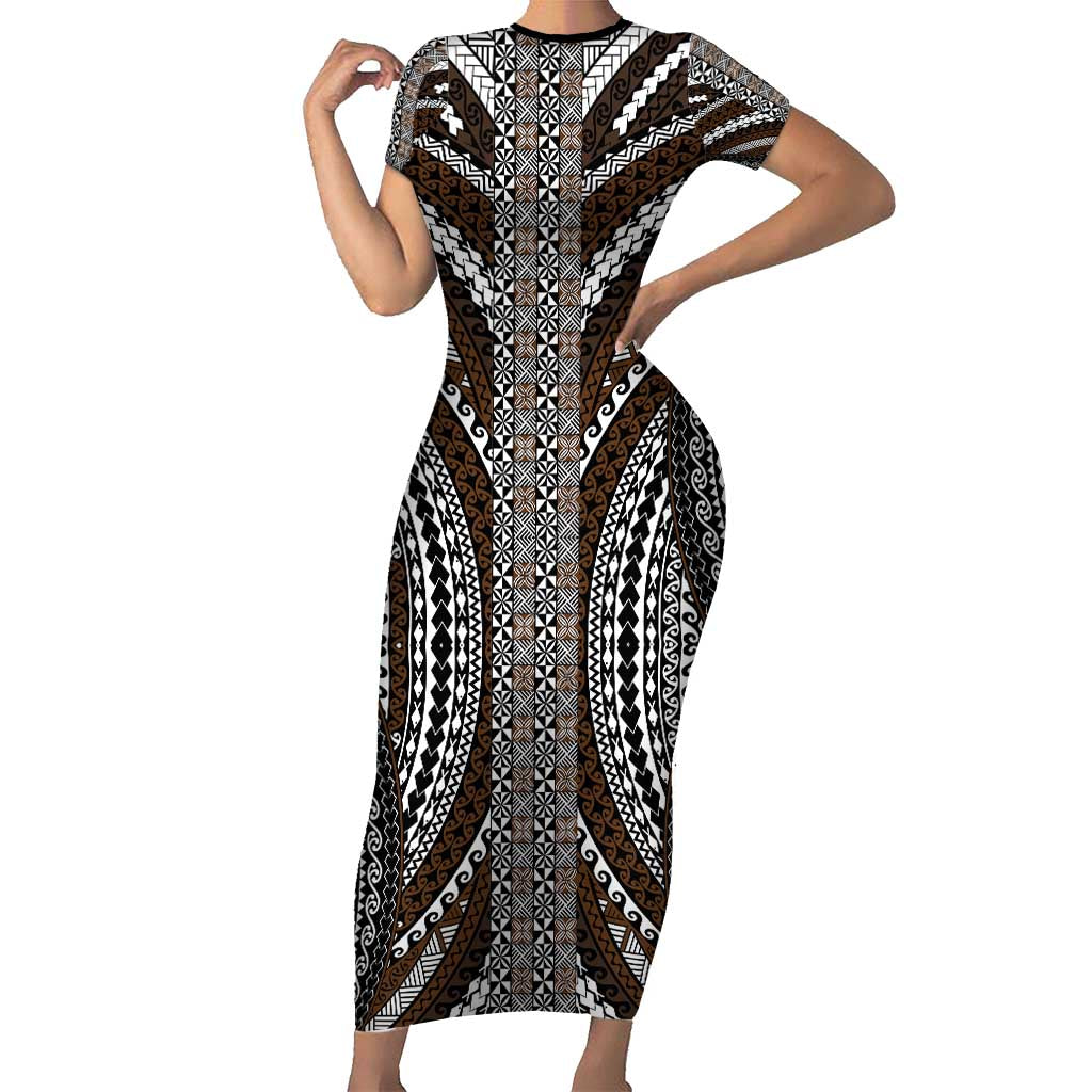 Brown Tongan Polynesian Tribal Family Matching Short Sleeve Bodycon Dress and Hawaiian Shirt - Polynesian Pride