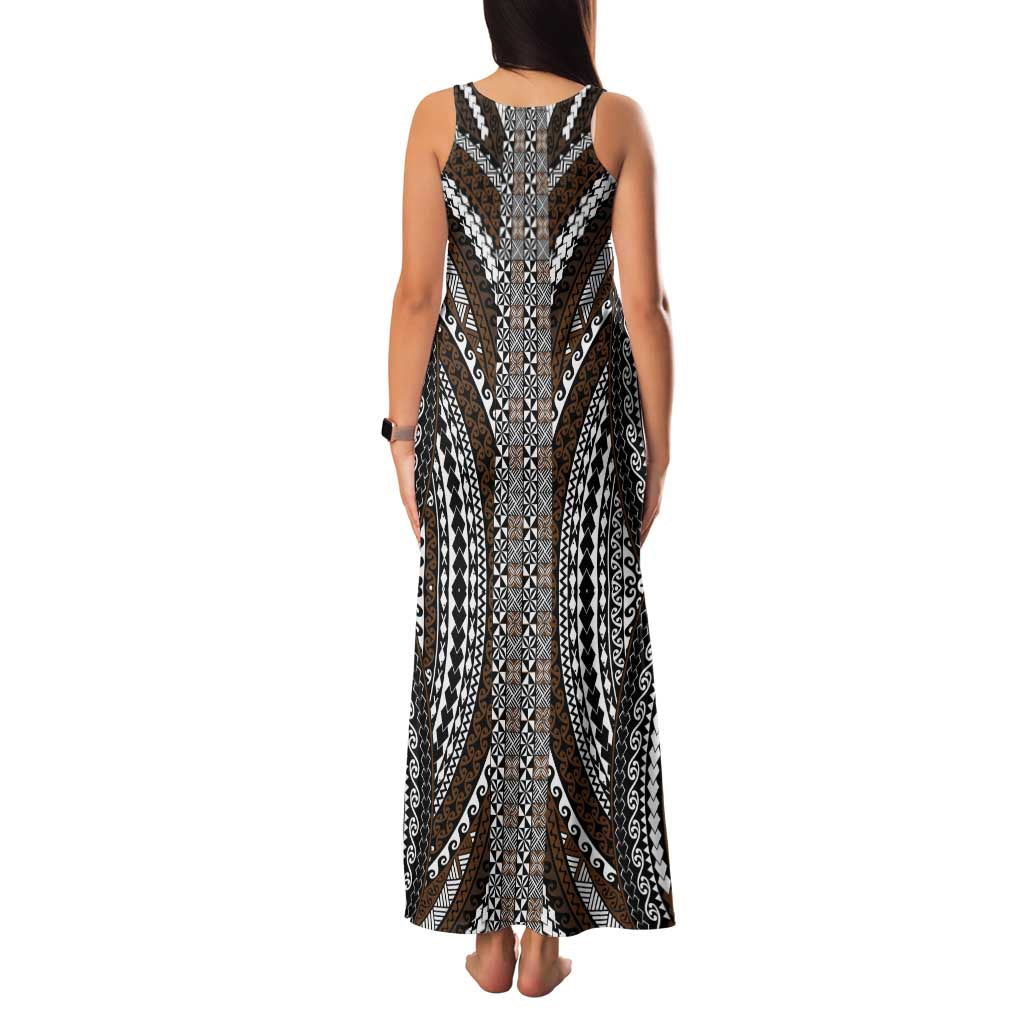 Brown Tongan Polynesian Tribal Family Matching Tank Maxi Dress and Hawaiian Shirt - Polynesian Pride