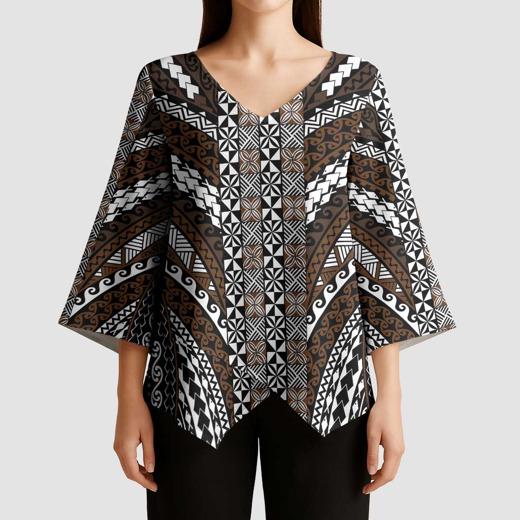 Brown Tongan Polynesian Tribal Kimono Sleeve Blouse - Polynesian Pride