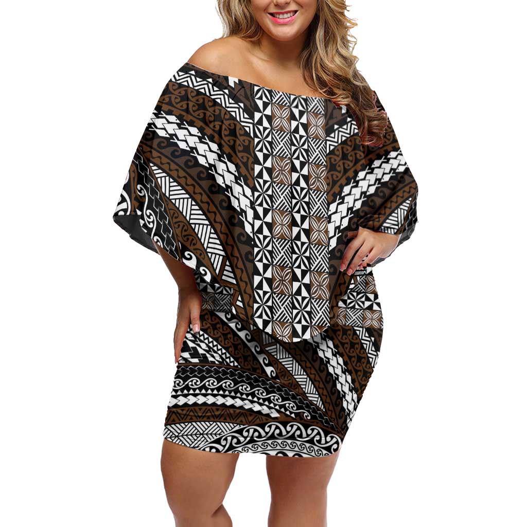 Brown Tongan Polynesian Tribal Off Shoulder Short Dress - Polynesian Pride