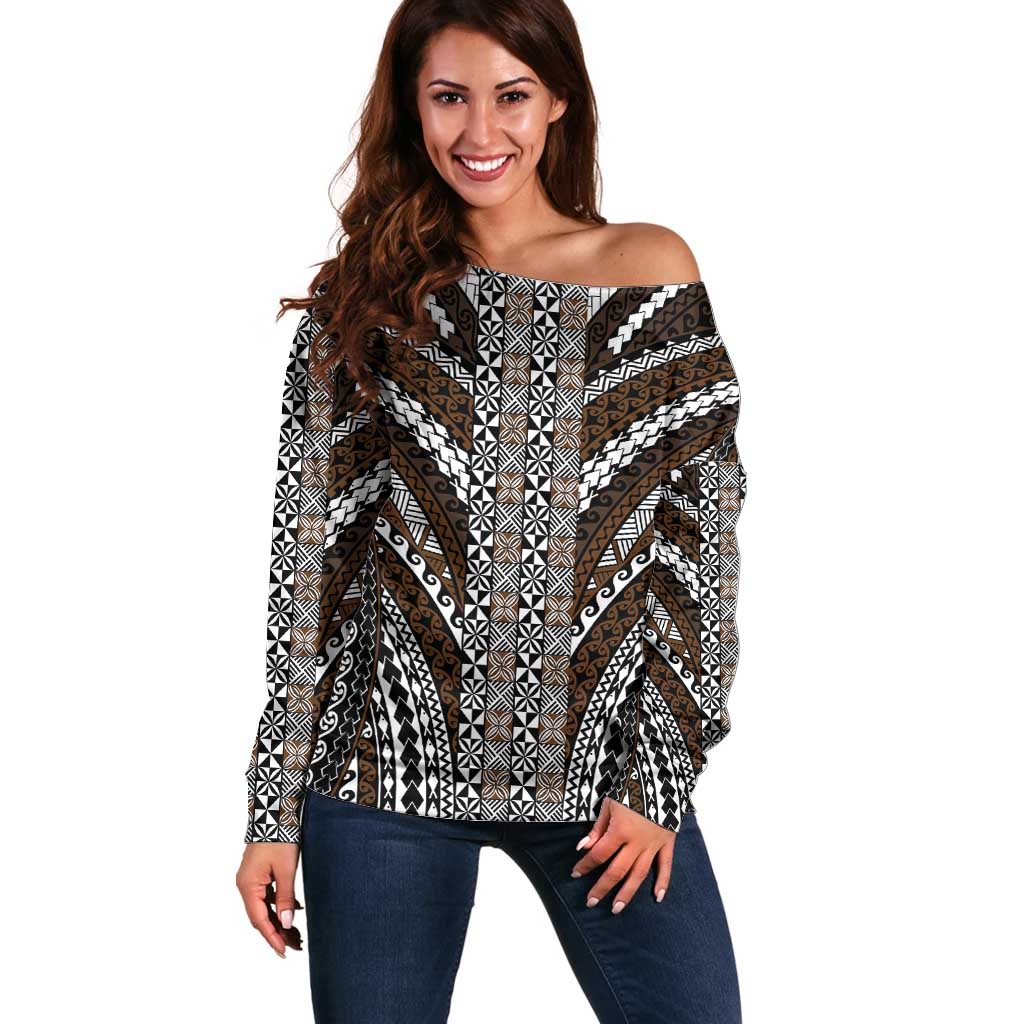 Brown Tongan Polynesian Tribal Off Shoulder Sweater LT9 Women Brown - Polynesian Pride