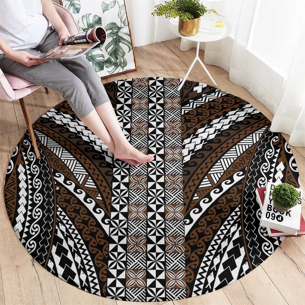 Brown Tongan Polynesian Tribal Round Carpet - Polynesian Pride