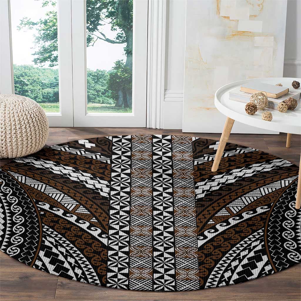 Brown Tongan Polynesian Tribal Round Carpet - Polynesian Pride