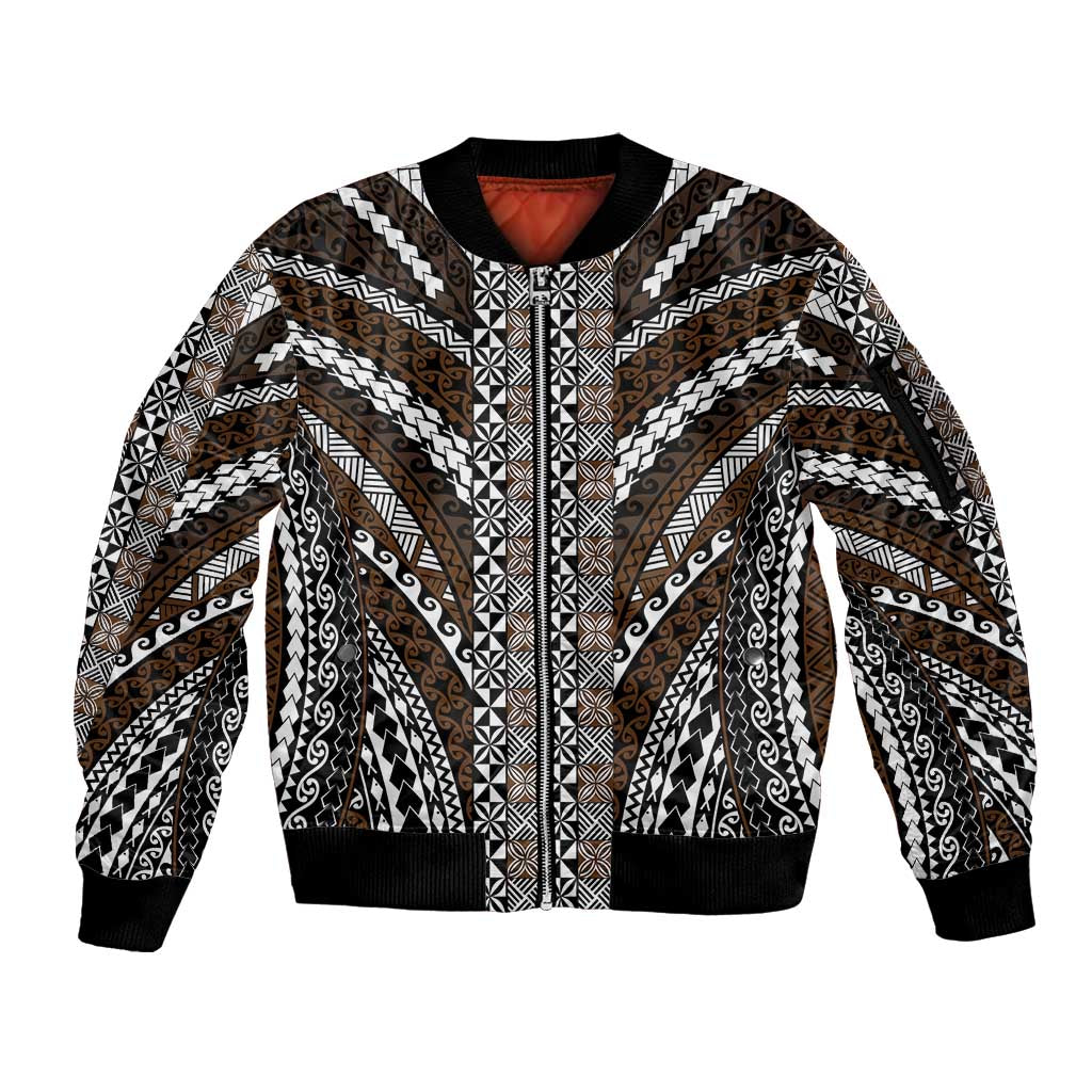 Brown Tongan Polynesian Tribal Sleeve Zip Bomber Jacket - Polynesian Pride
