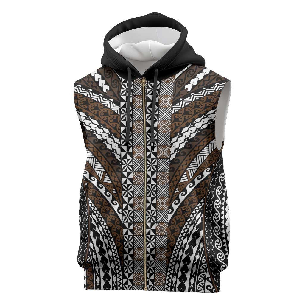 Brown Tongan Polynesian Tribal Sleeveless Zip Hoodie - Polynesian Pride