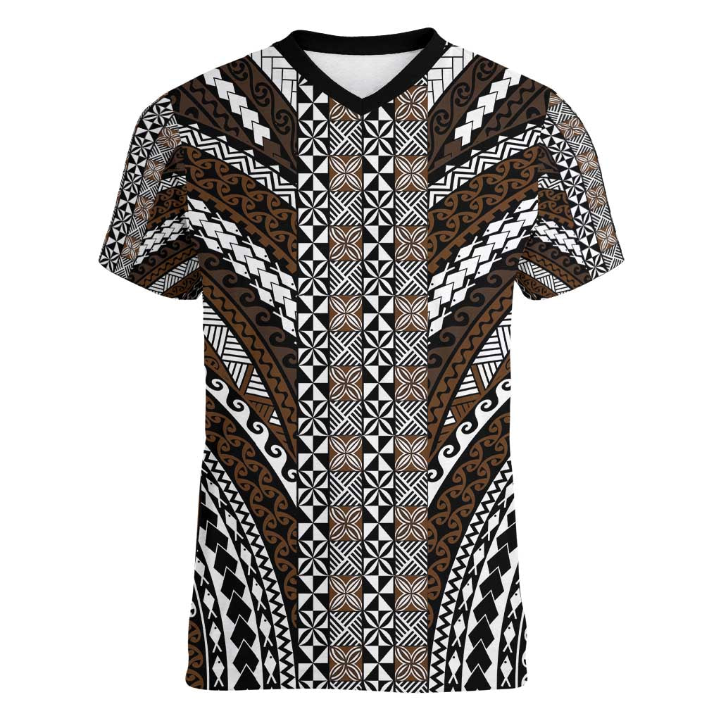 Brown Tongan Polynesian Tribal Women V-Neck T-Shirt - Polynesian Pride