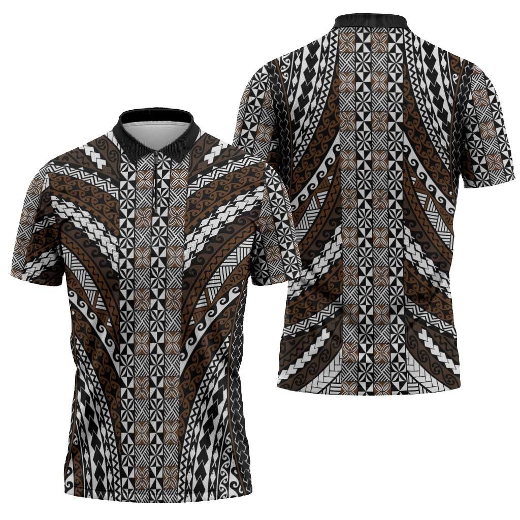 Brown Tongan Polynesian Tribal Zipper Polo Shirt - Polynesian Pride