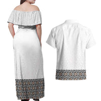 Light Gray Tongan Polynesian Tribal Couples Matching Off Shoulder Maxi Dress and Hawaiian Shirt - Polynesian Pride