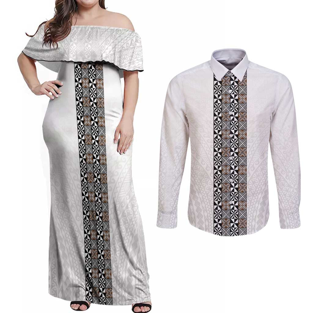 Light Gray Tongan Polynesian Tribal Couples Matching Off Shoulder Maxi Dress and Long Sleeve Button Shirt - Polynesian Pride