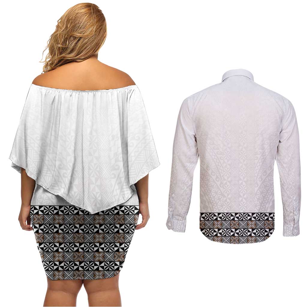 Light Gray Tongan Polynesian Tribal Couples Matching Off Shoulder Short Dress and Long Sleeve Button Shirt - Polynesian Pride