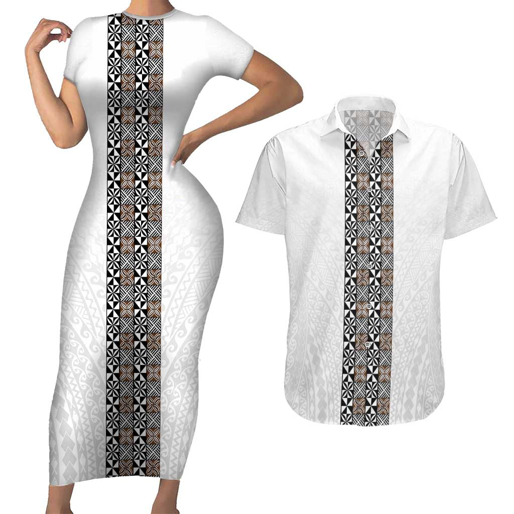 Light Gray Tongan Polynesian Tribal Couples Matching Short Sleeve Bodycon Dress and Hawaiian Shirt - Polynesian Pride