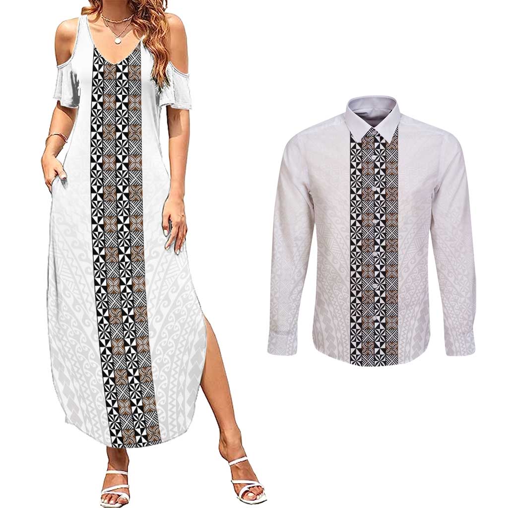 Light Gray Tongan Polynesian Tribal Couples Matching Summer Maxi Dress and Long Sleeve Button Shirt - Polynesian Pride