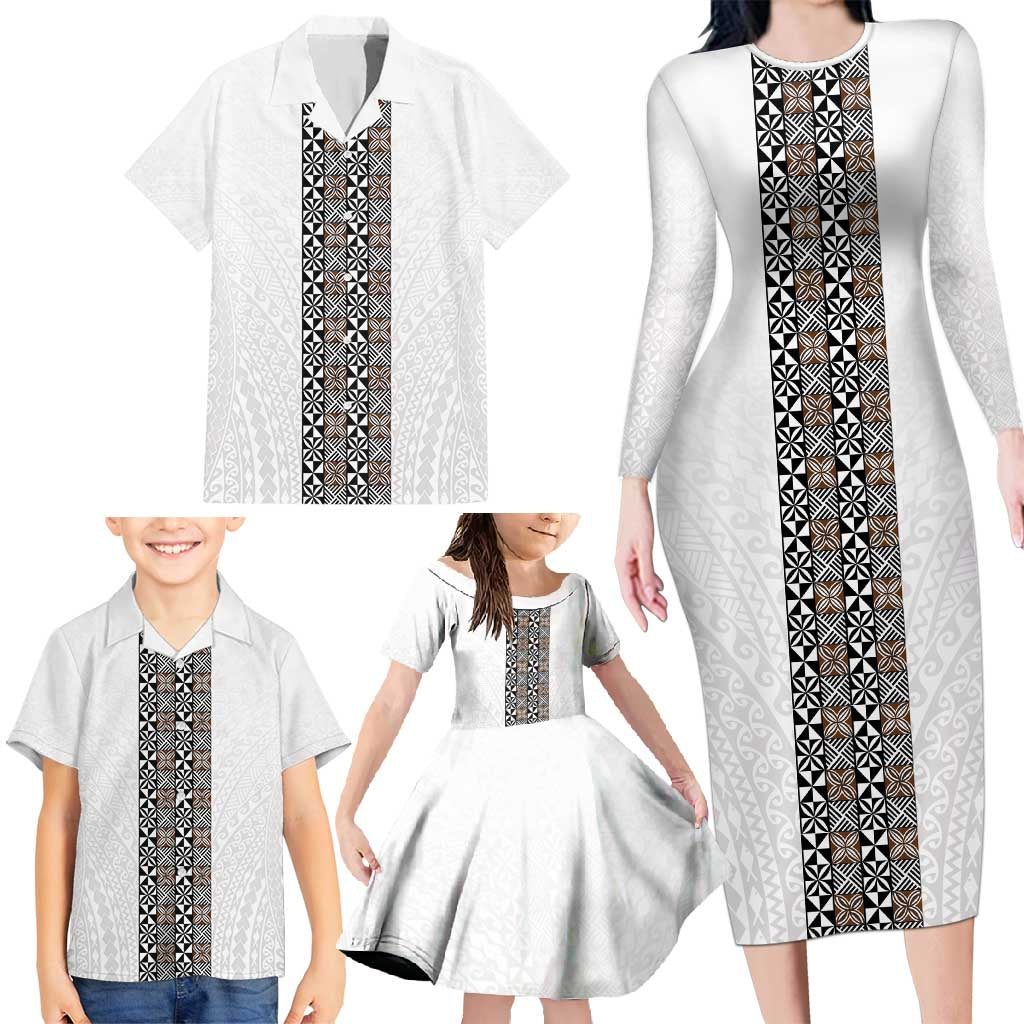 Light Gray Tongan Polynesian Tribal Family Matching Long Sleeve Bodycon Dress and Hawaiian Shirt - Polynesian Pride