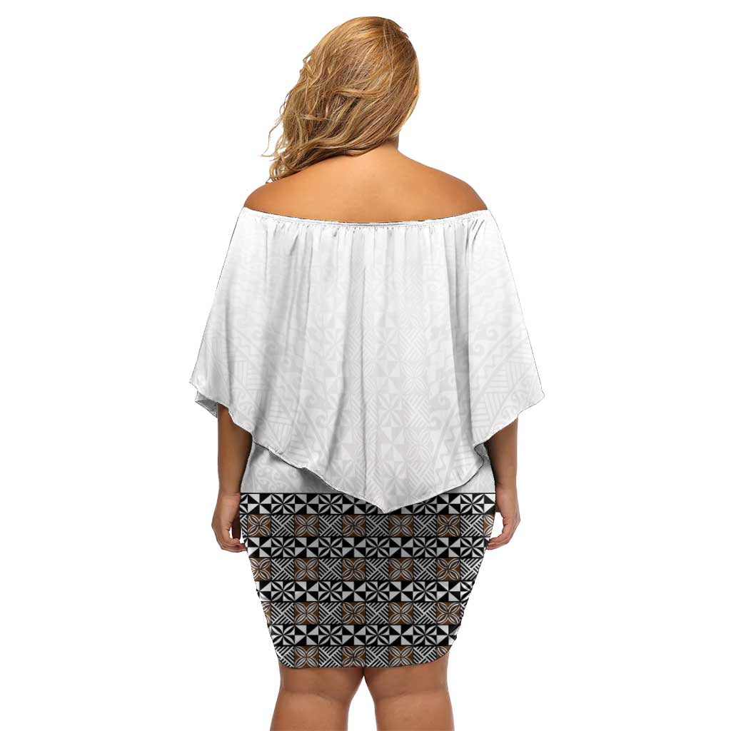 Light Gray Tongan Polynesian Tribal Family Matching Off Shoulder Short Dress and Hawaiian Shirt - Polynesian Pride