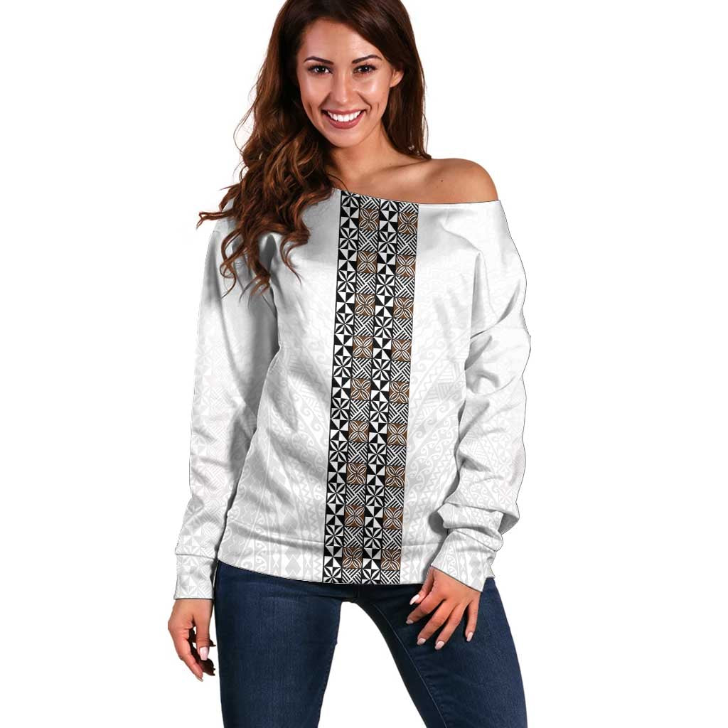 Light Gray Tongan Polynesian Tribal Off Shoulder Sweater LT9 Women White - Polynesian Pride