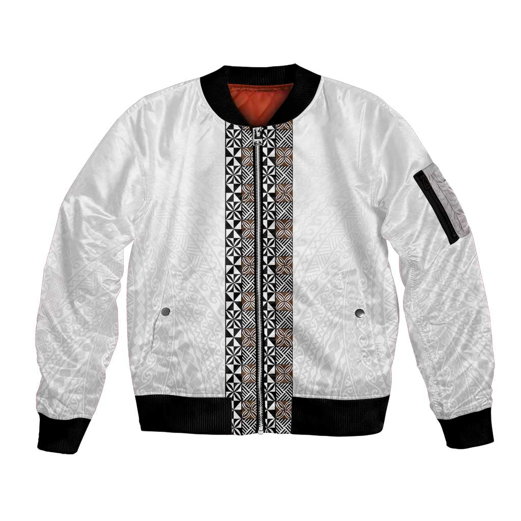 Light Gray Tongan Polynesian Tribal Sleeve Zip Bomber Jacket - Polynesian Pride