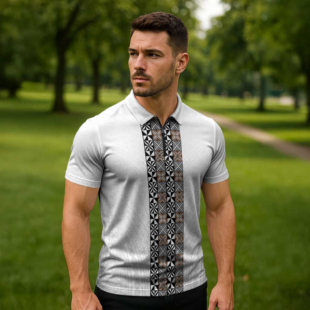 Light Gray Tongan Polynesian Tribal Zipper Polo Shirt - Polynesian Pride