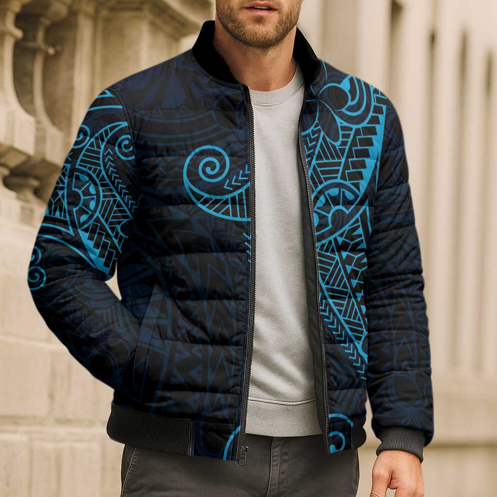 Black Blue Polynesian Tribal Bomber Puffer Jacket - Polynesian Pride